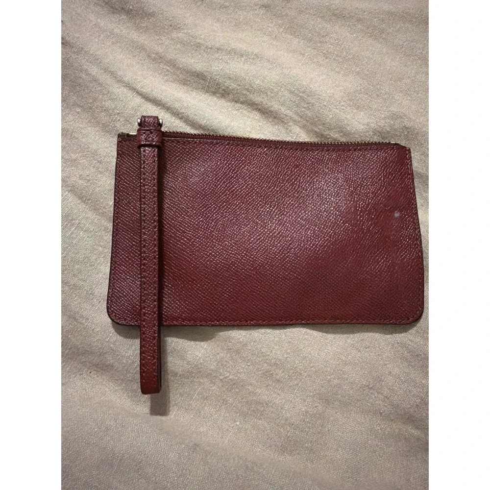 Coach Burgundy Glitter Star Wristlet Pouch Gold Logo Crossgrain Leather Wine